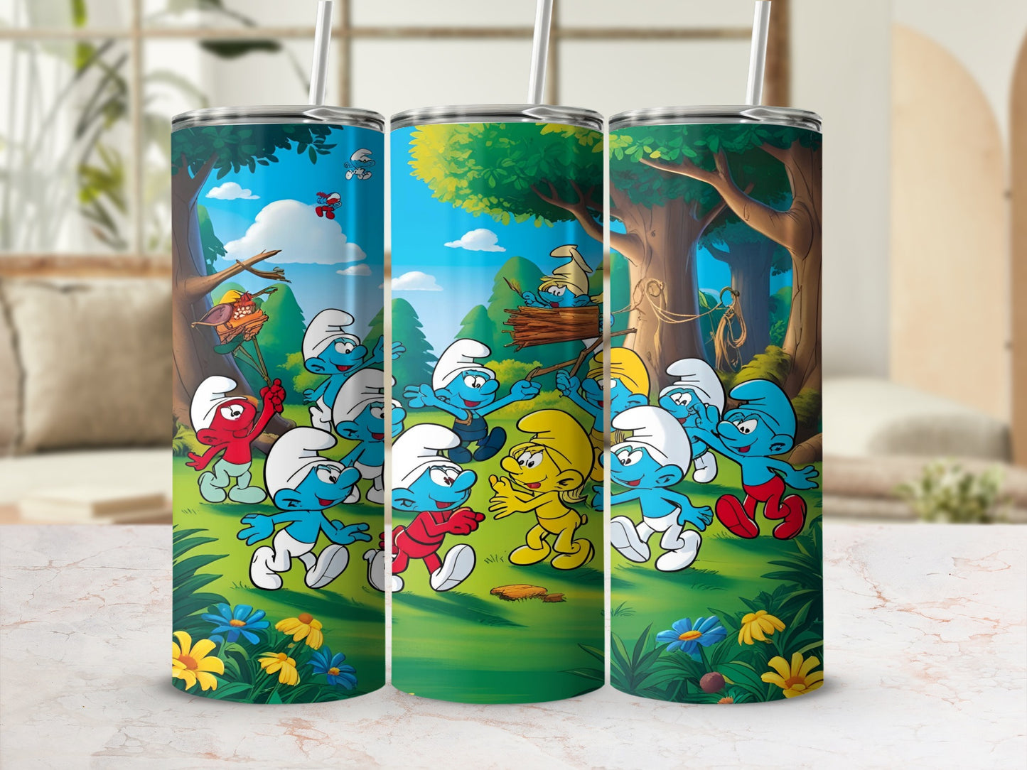 Smurfs playing in a forest clearing with flowers and trees.