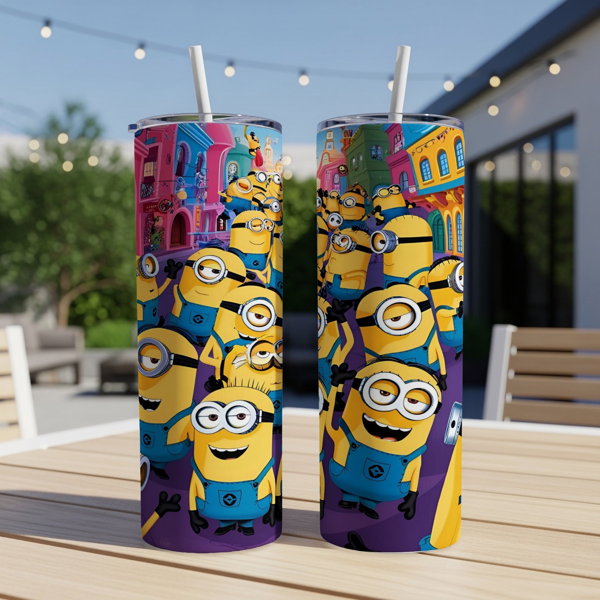 Two tall tumblers with Minions characters in yellow overalls and blue overalls, standing.