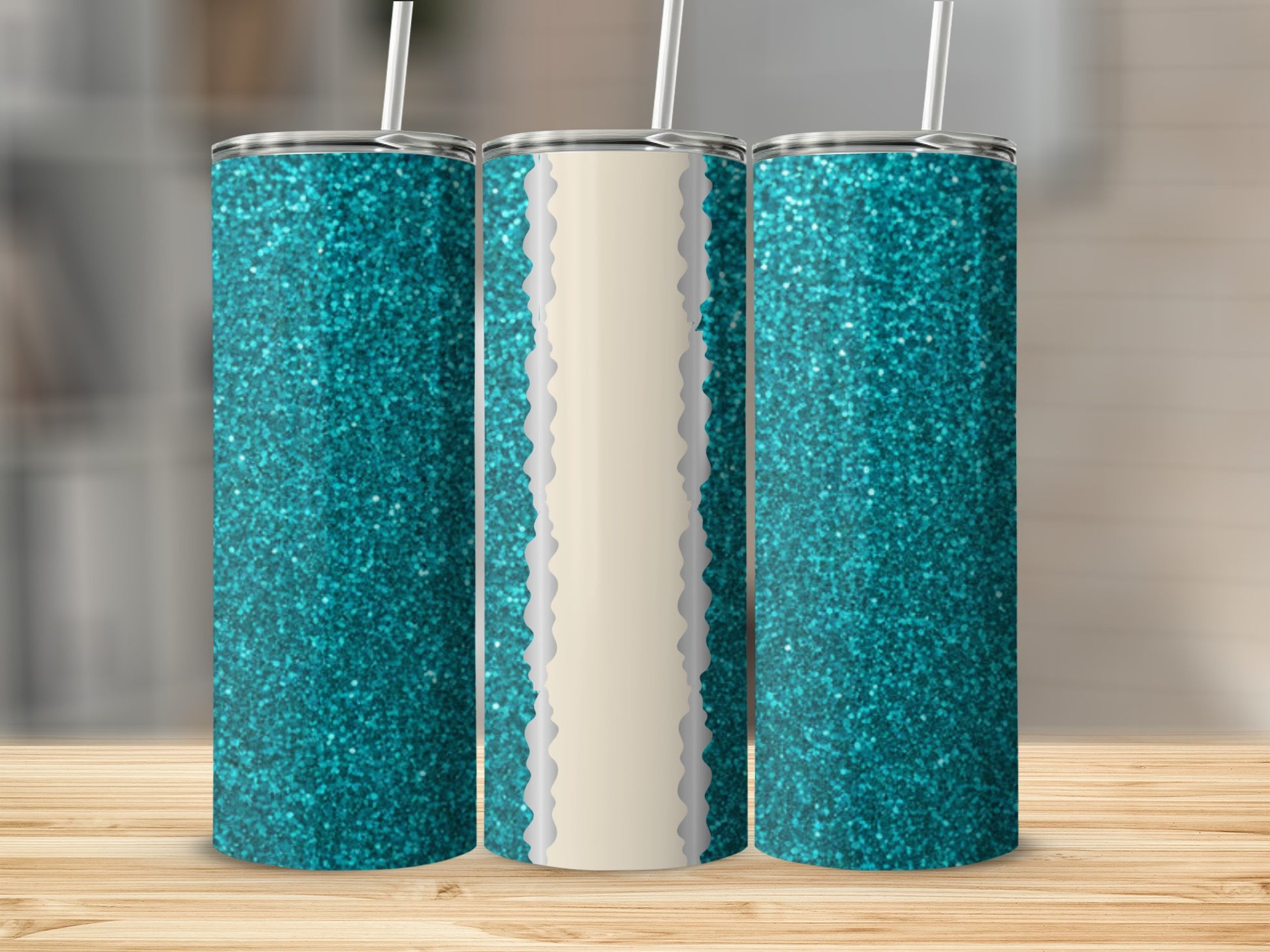 Three teal glitter tumblers with white straws on a wooden surface.