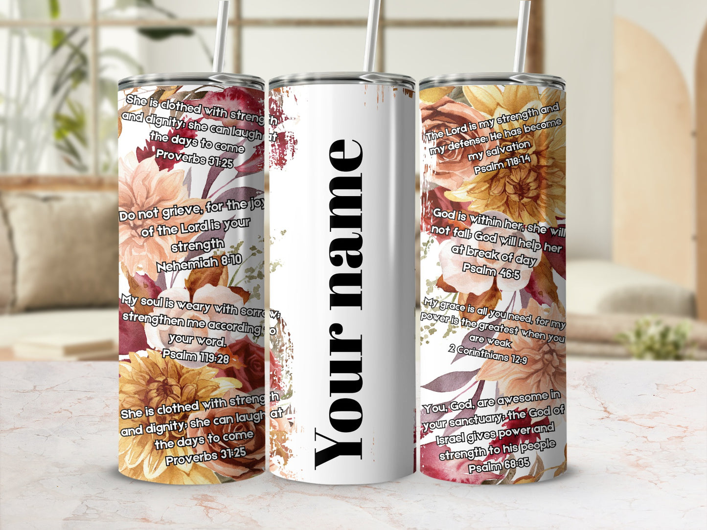 Customized Floral Scripture Insulated Travel Tumbler