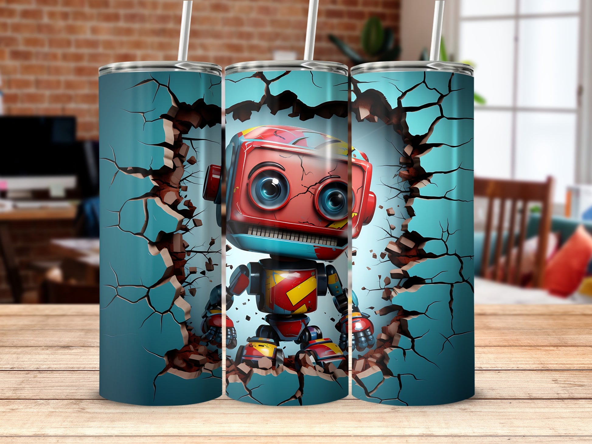 Red Robot Breaking Through Wall Tumbler Design