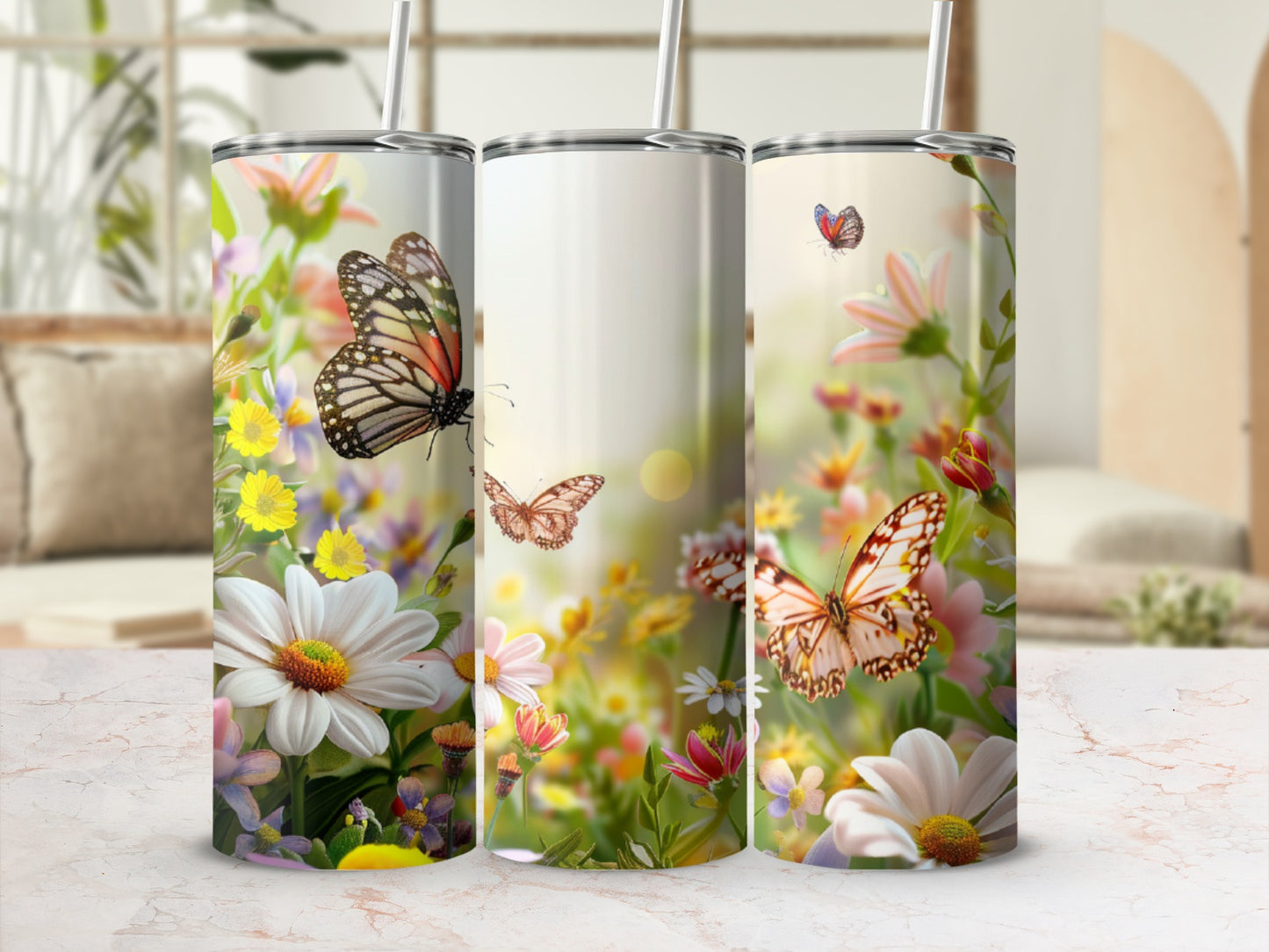 White tumbler with butterflies and flowers, straw visible.