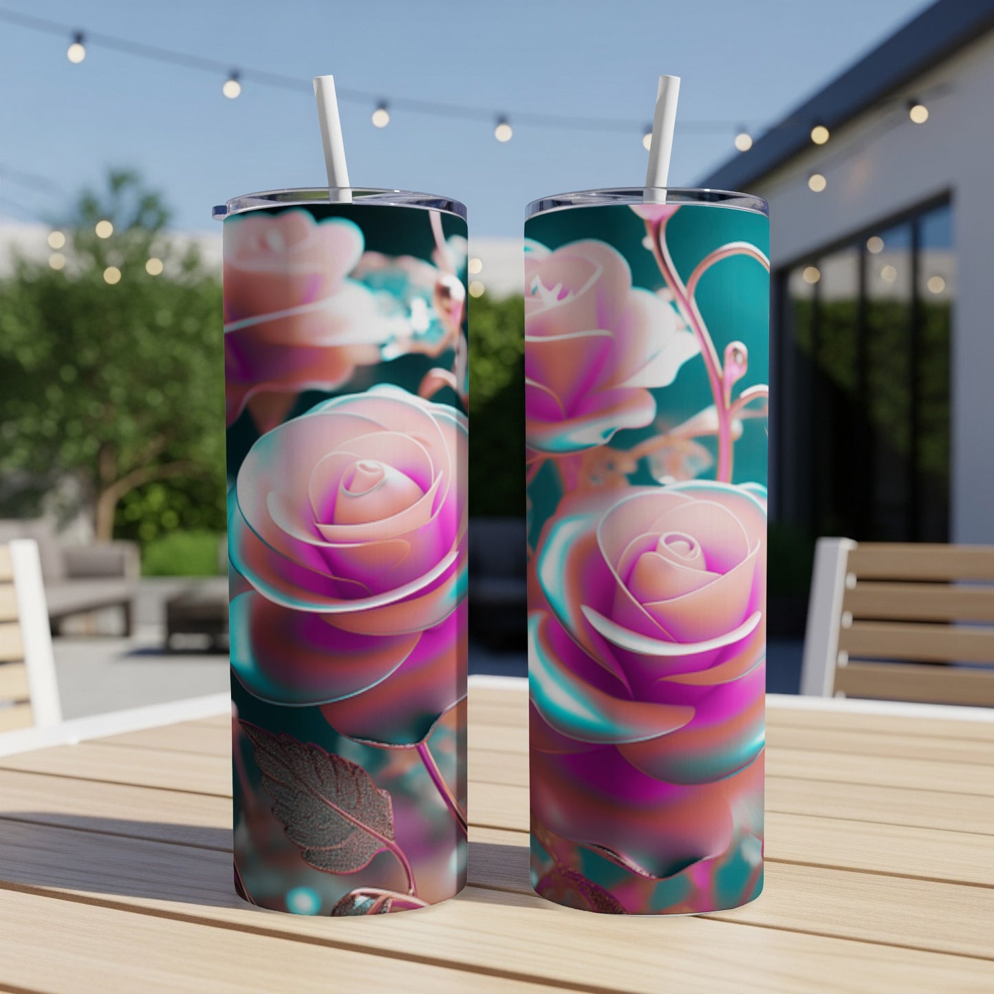 Two tall tumblers with iridescent rose floral pattern on a table.