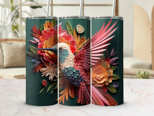 Hummingbird with colorful flowers on a dark green tumbler.