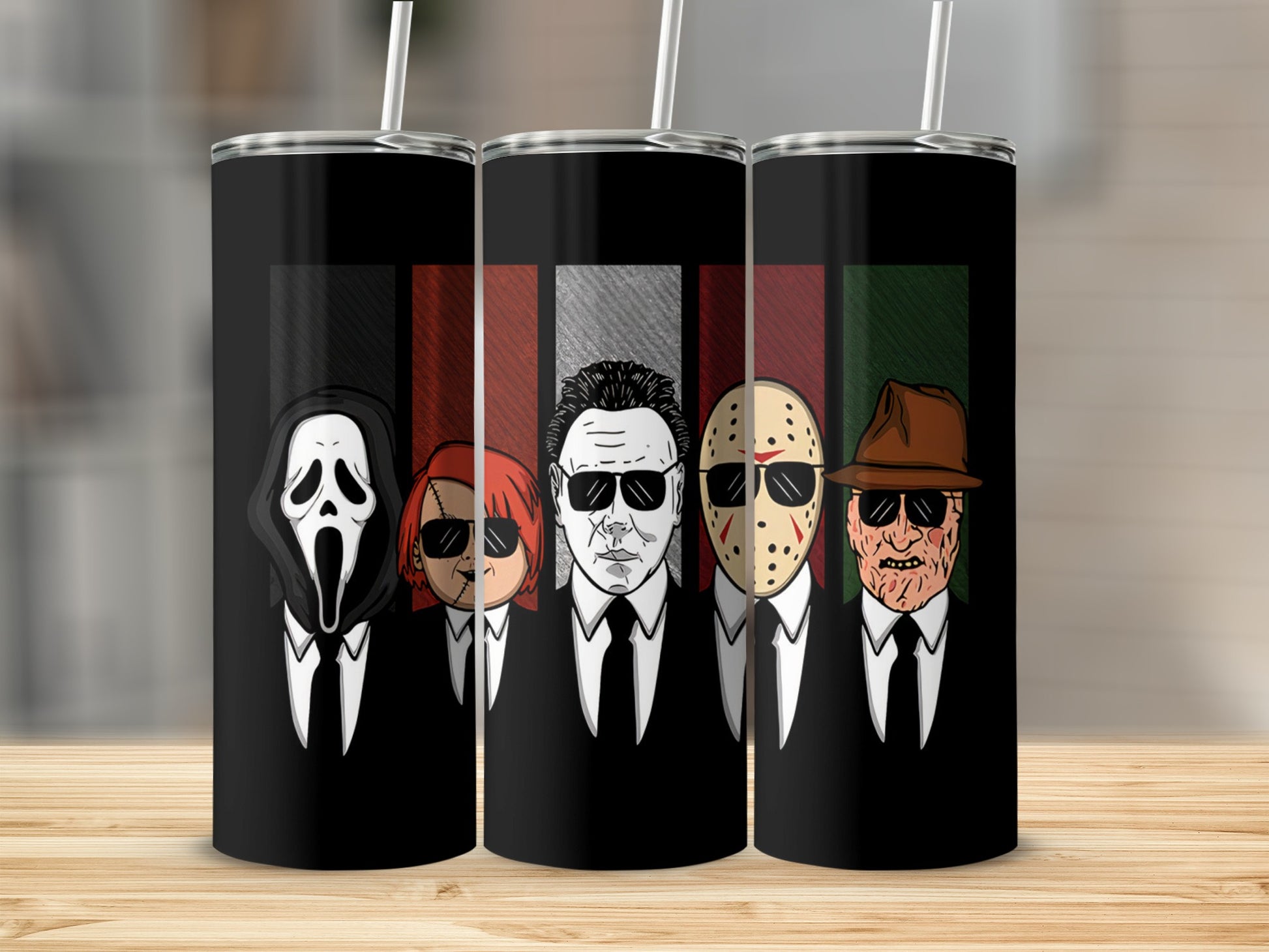 Tumbler featuring horror characters: Ghostface, Chucky, Michael Myers, Jason Voorhees, and Freddy Krueger.