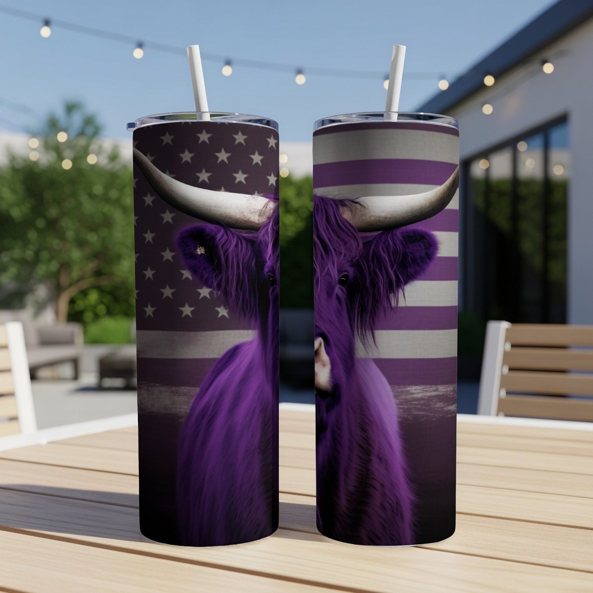 Purple Highland cow with US flag background on two tumblers.
