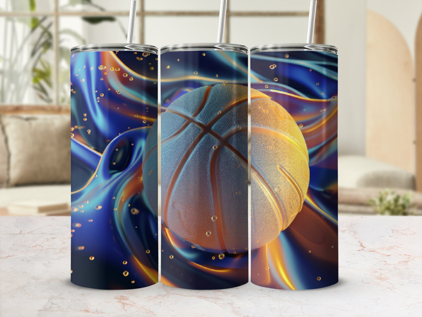 Basketball on abstract swirling blue and gold liquid background.