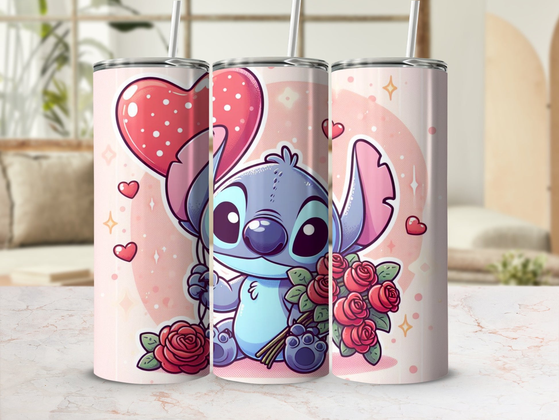 Cute Stitch Character with Hearts and Roses Design Tumbler