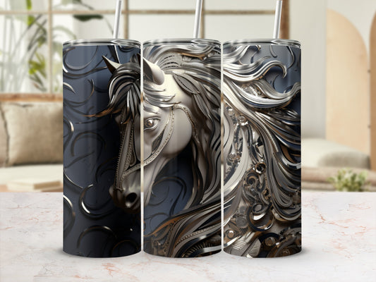 Triptych of metallic horse heads on dark blue patterned tumblers.