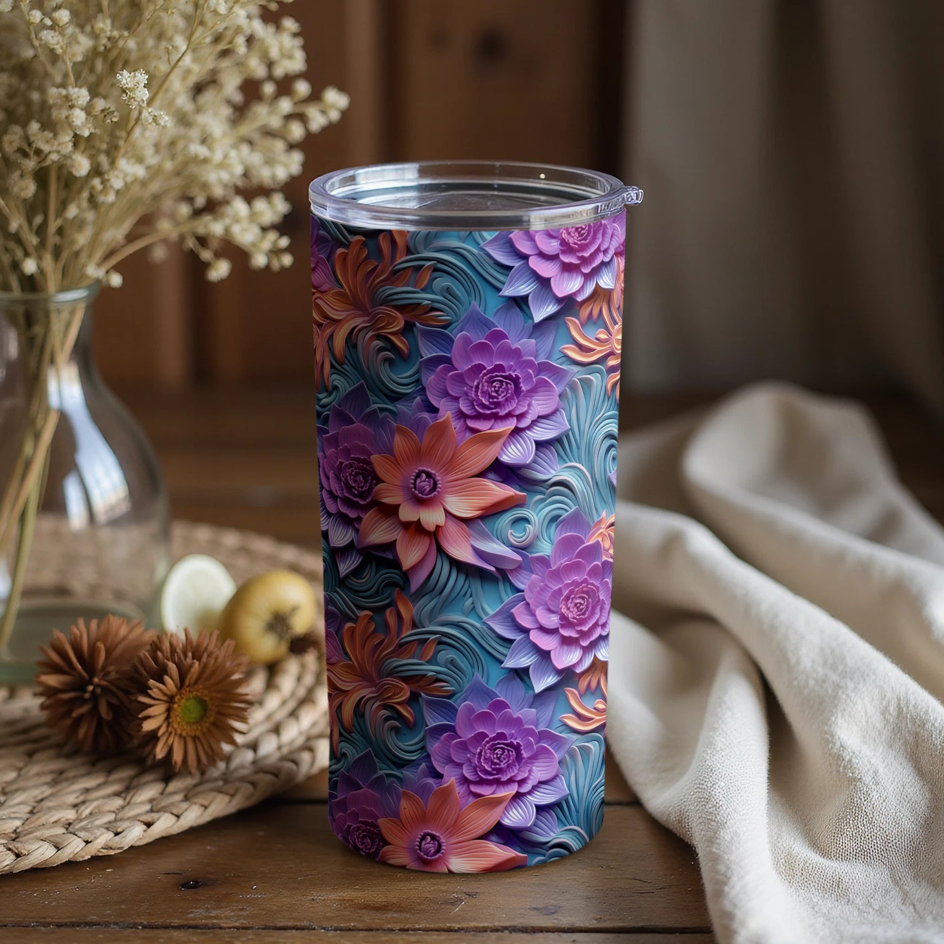Floral Pattern Purple and Blue Tumbler with Lid