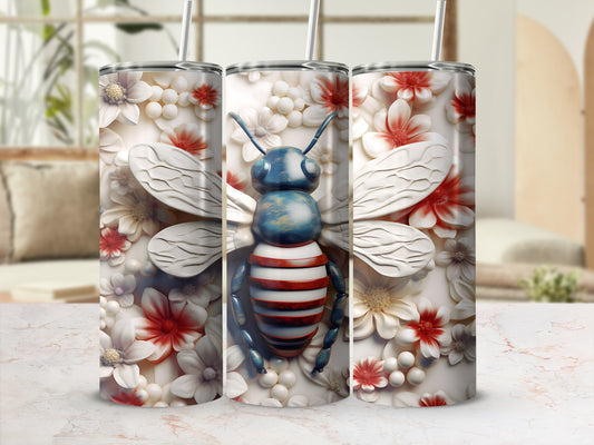 3D bee with red, white, and blue stripes among floral designs.