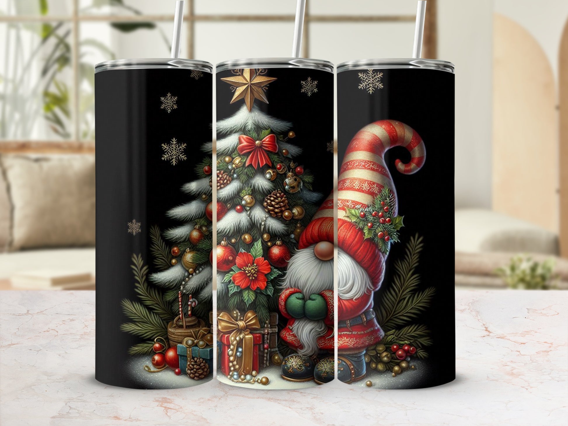 Christmas gnome with gifts and decorated tree on black tumbler.