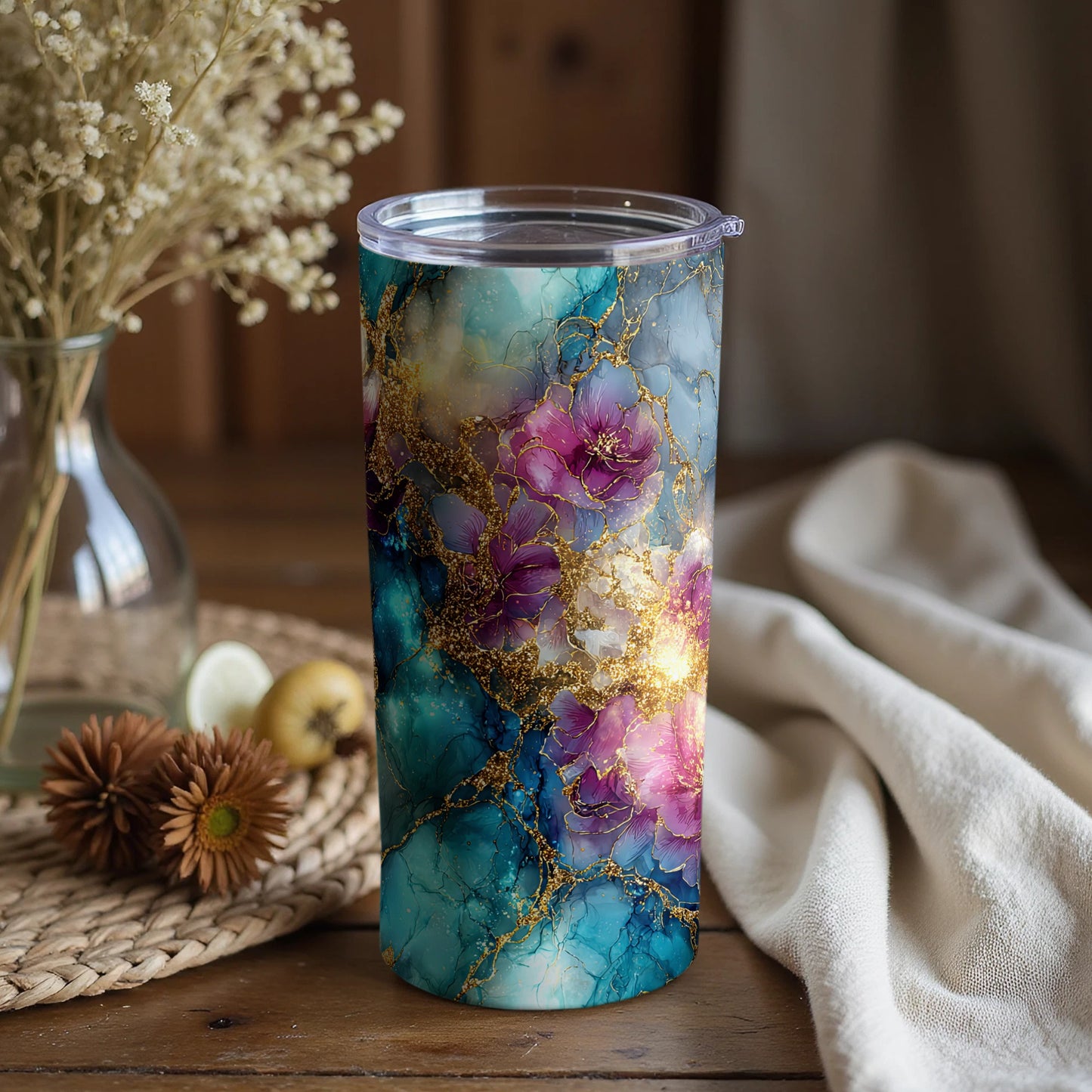 Abstract Floral Pattern Insulated Tumbler for Beverages