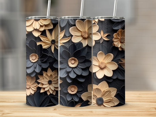Three tumblers with a repeating dark floral pattern.