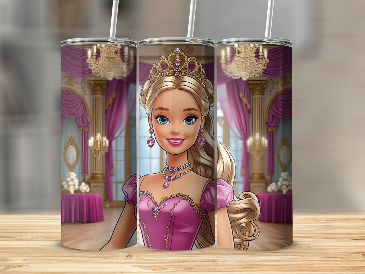 Barbie wearing a pink dress and tiara in a ballroom setting.