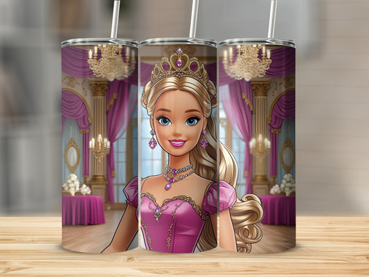 Barbie wearing a pink dress and tiara in a ballroom setting.