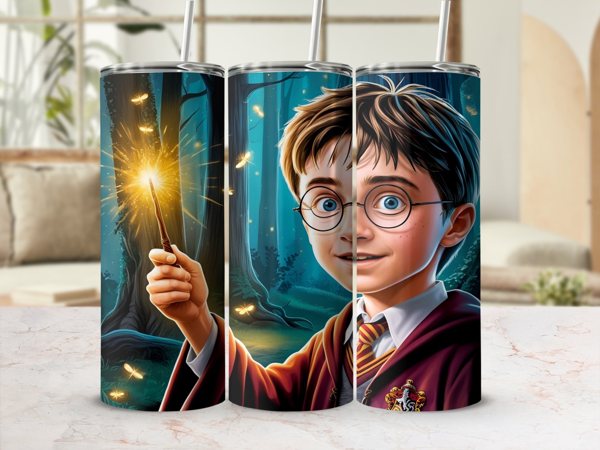 Harry Potter character in a forest holding a glowing wand.
