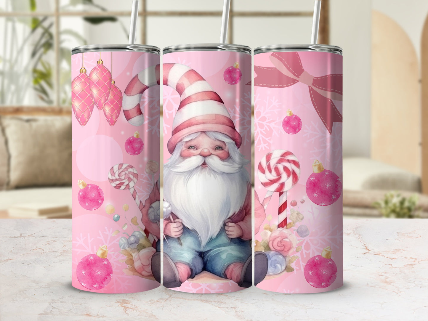 Santa Claus Candy Cane Tumbler Festive Pink Flask