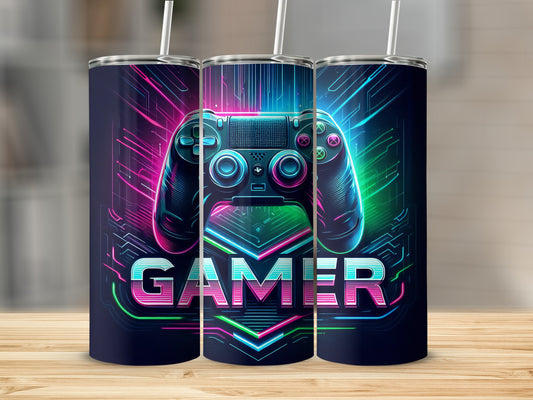 Three tumblers featuring a neon video game controller and "GAMER" text.