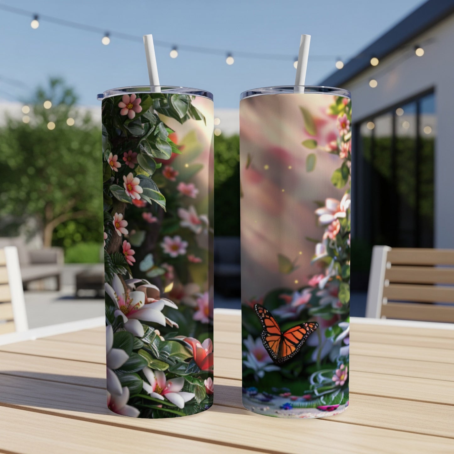Two tumblers with a monarch butterfly and floral design.