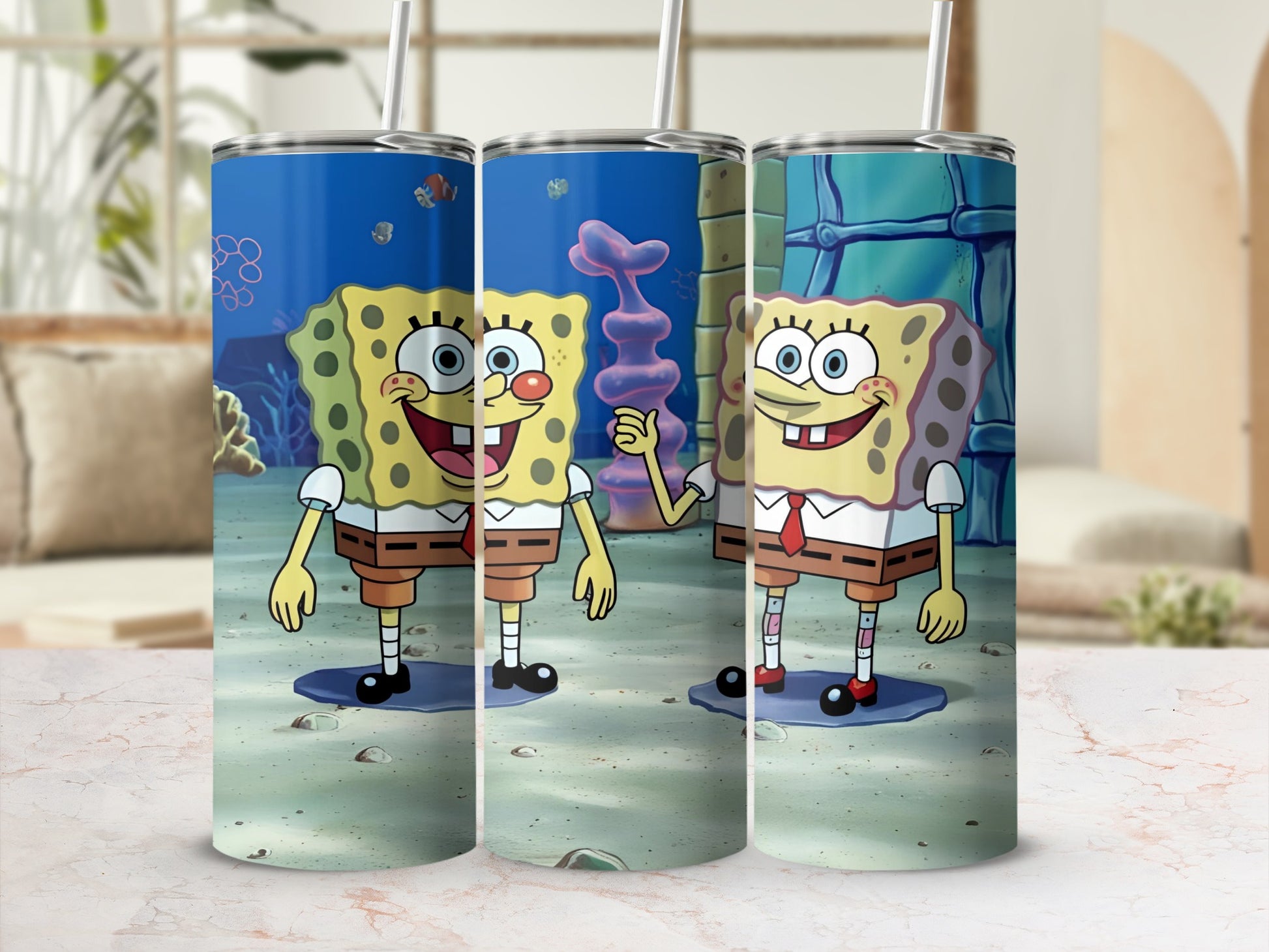 SpongeBob SquarePants characters on a tumbler with underwater background.