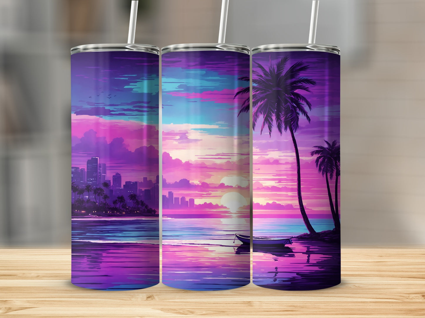 Three tumblers show a vibrant sunset over a city skyline with palm trees.