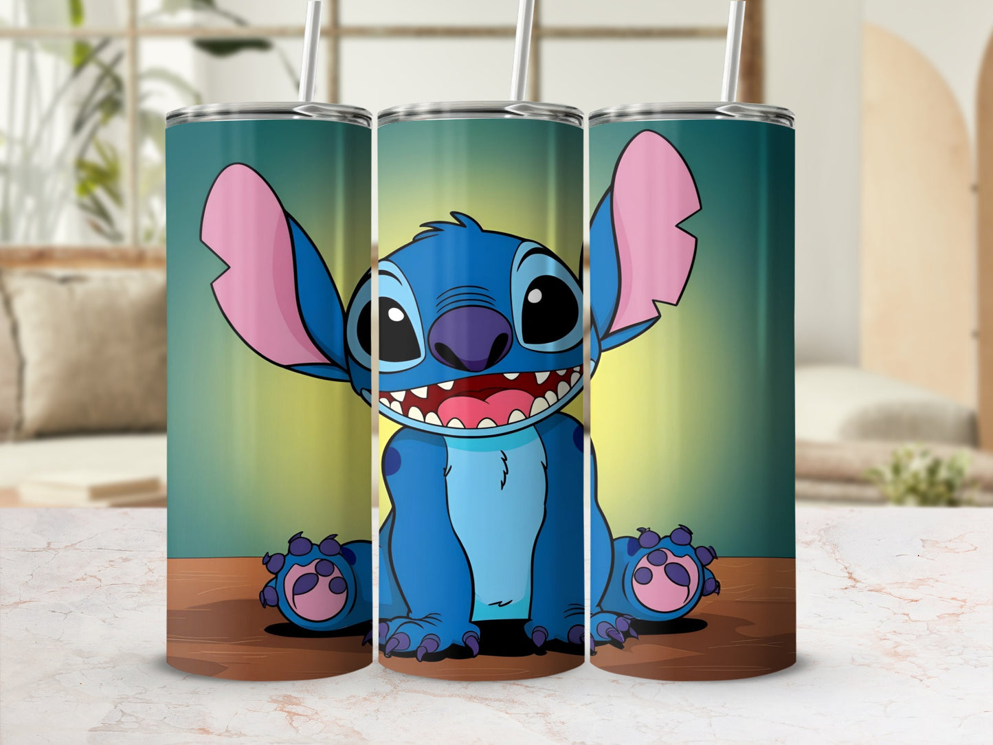 Blue Stitch character with large ears sits smiling on a wooden surface.