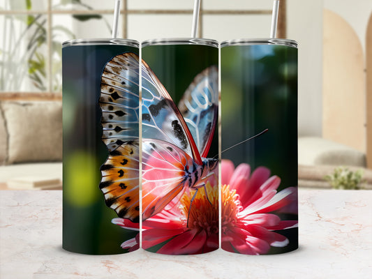 Three tumblers featuring a close-up of a butterfly on a pink flower.