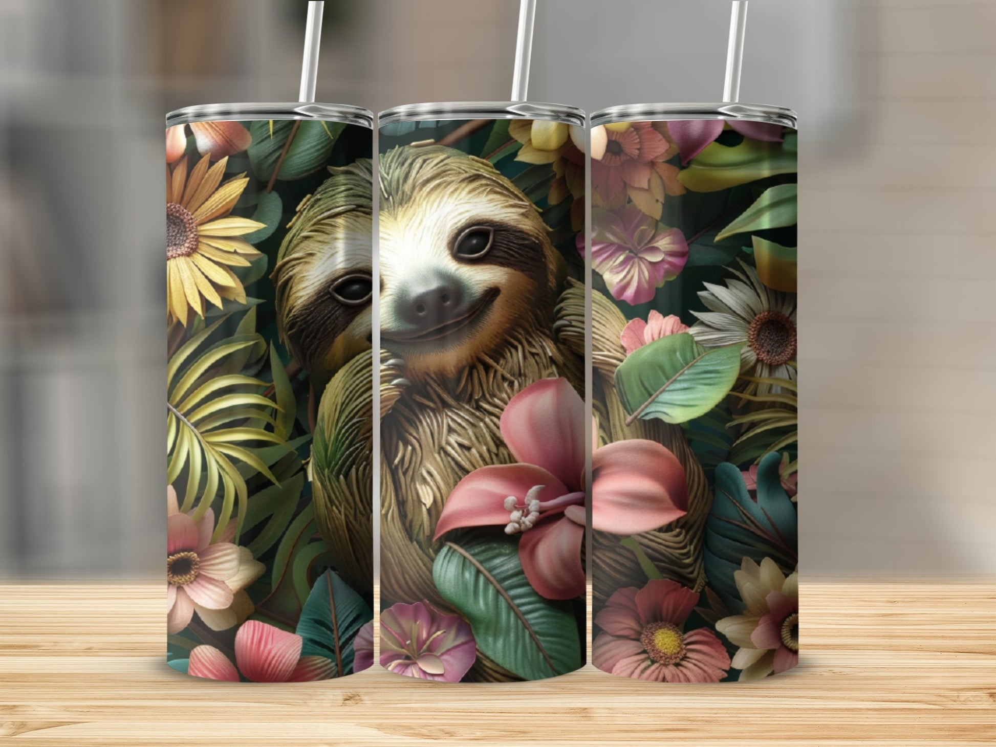 Sloth peeking through lush tropical flowers and leaves.