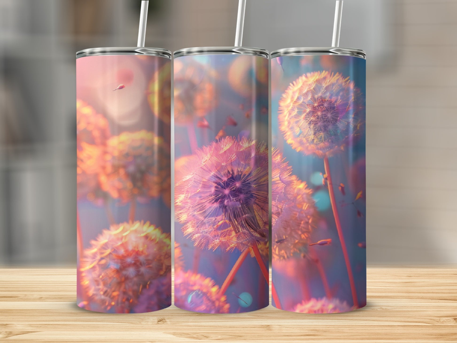 Three tumblers with dandelion seed heads, against a blurred, colorful background.
