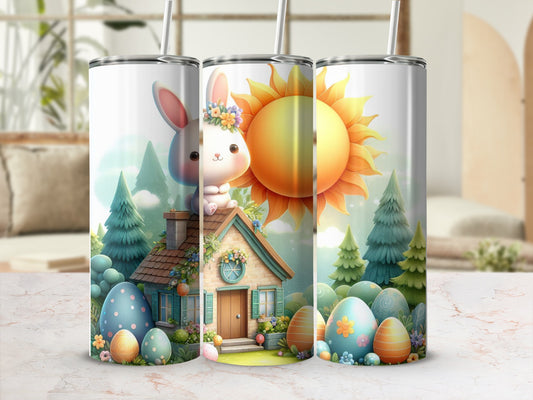 Easter bunny with colorful eggs, house, and sun.