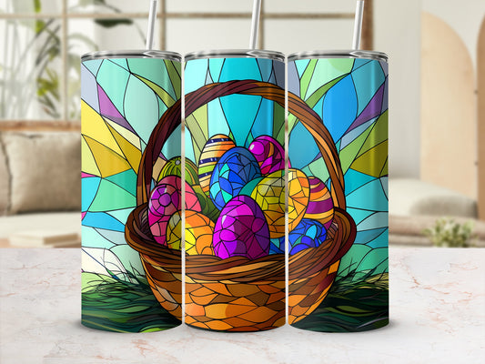 Easter basket filled with colorful patterned eggs, stained glass background.