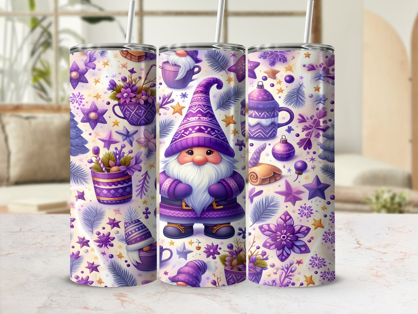 Purple gnome with snowflakes, stars, and floral patterns on a tumbler.