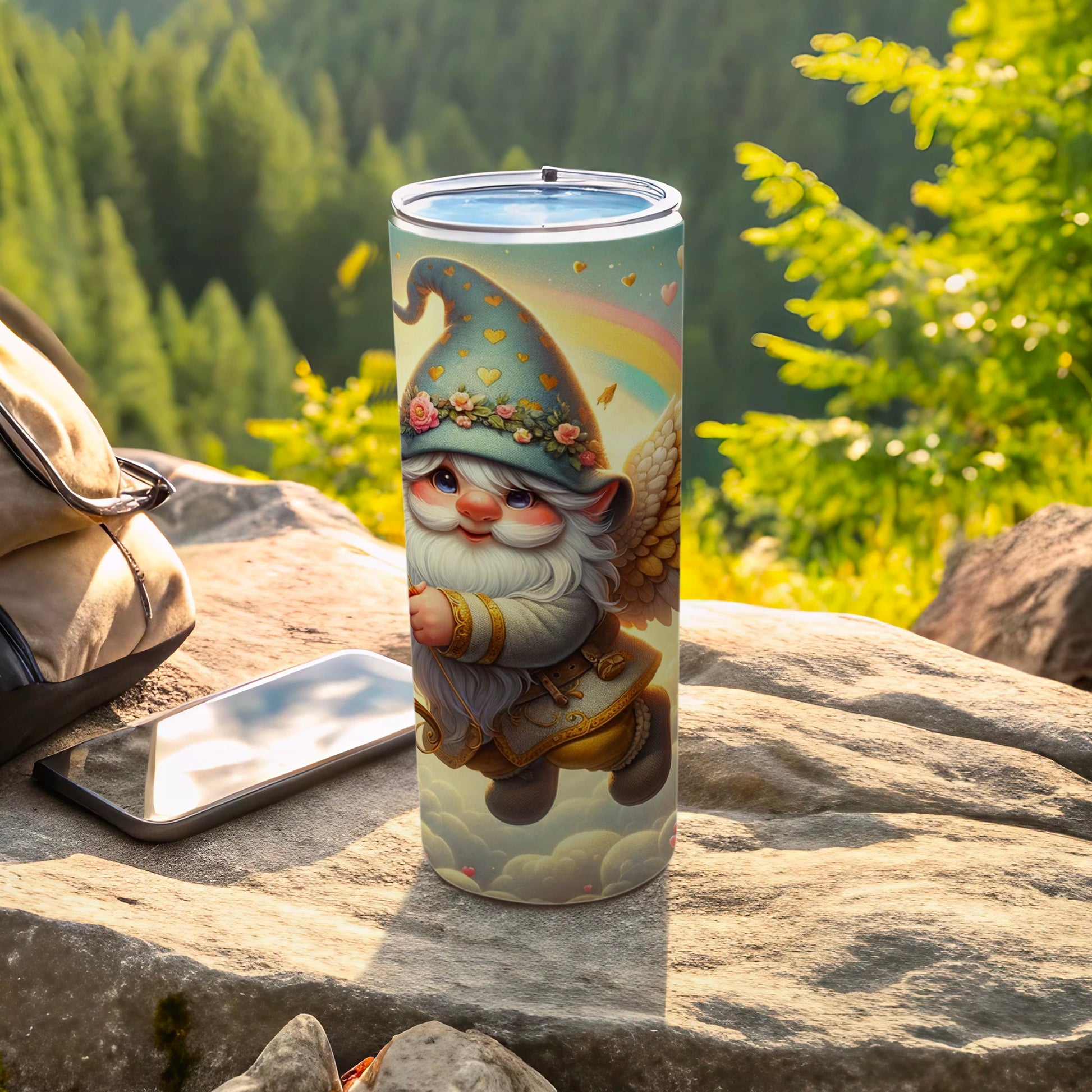 Fantasy Garden Gnome with Rainbow Travel Mug