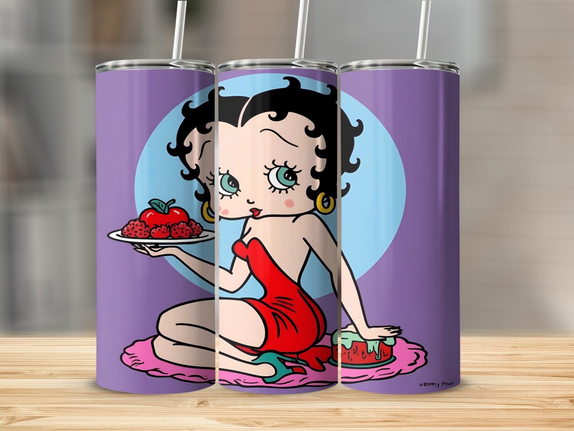 Betty Boop in red dress holding apple pie on a purple background.