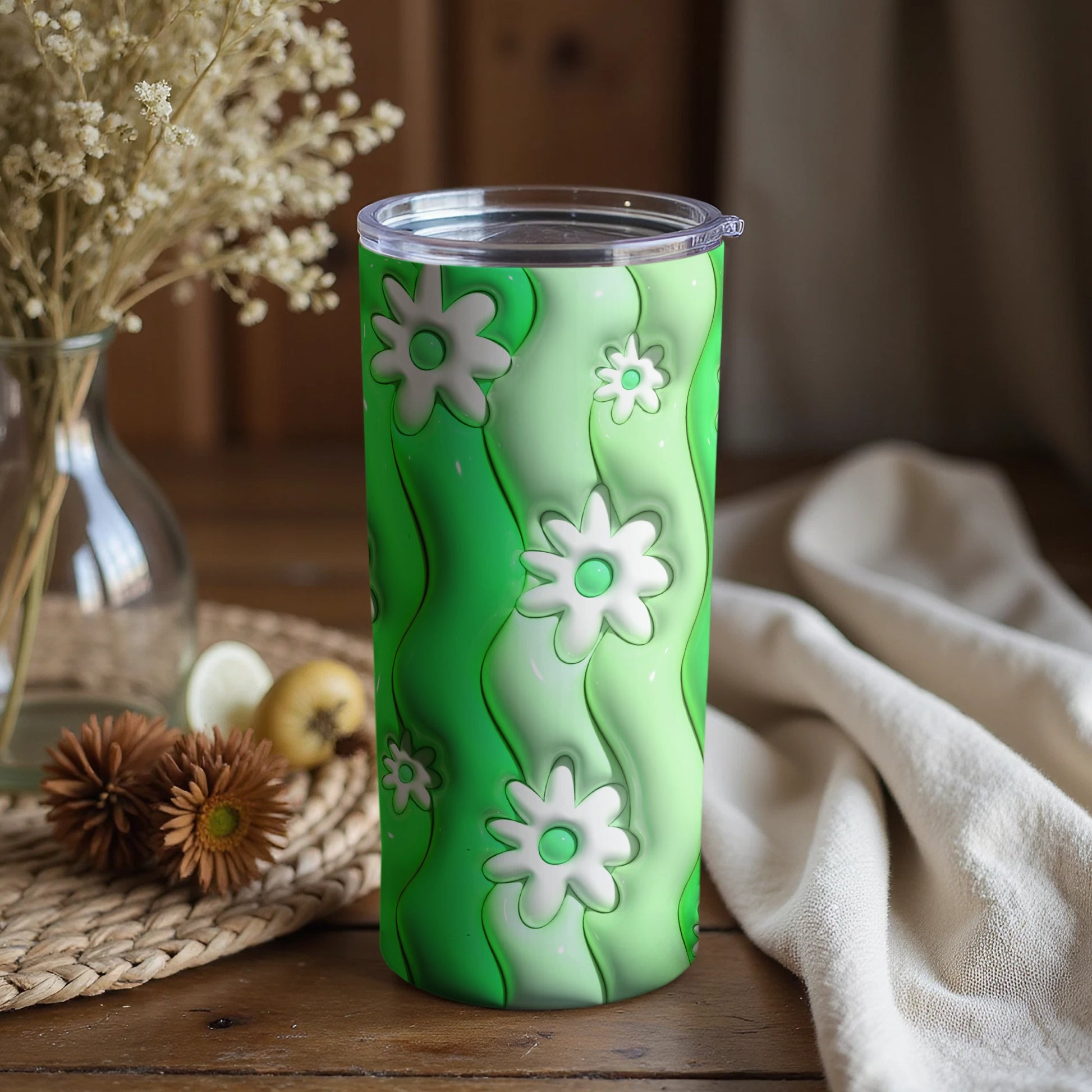 Green Tumbler with White Flower Design 20oz Tumbler