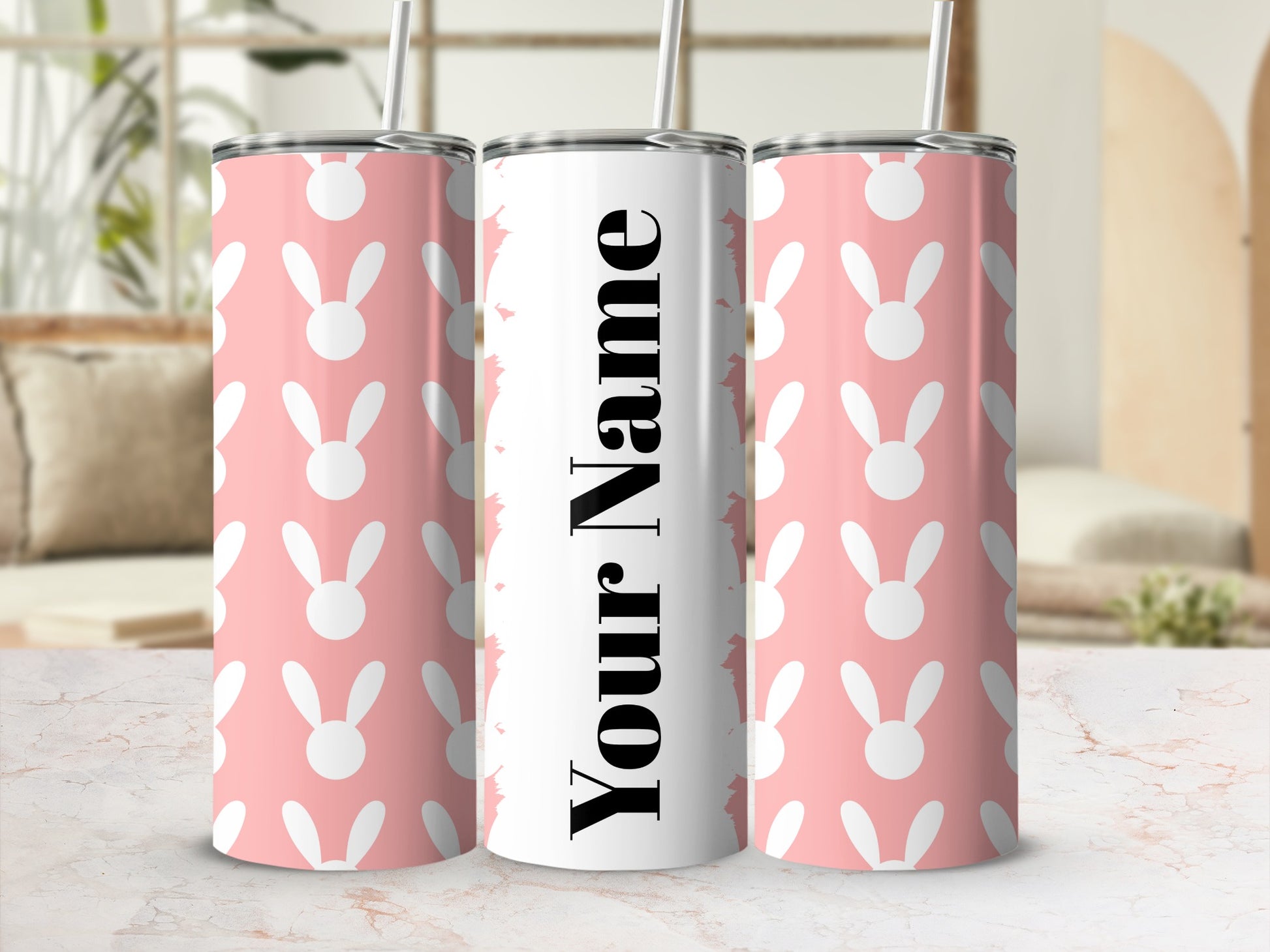 Personalized Pink Bunny Pattern Tumbler Cup with Straw