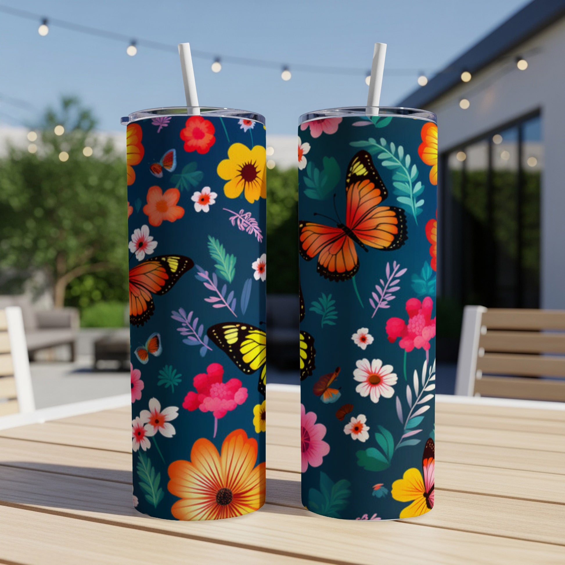 Two tumblers with a dark blue background and a colorful butterfly and floral pattern.