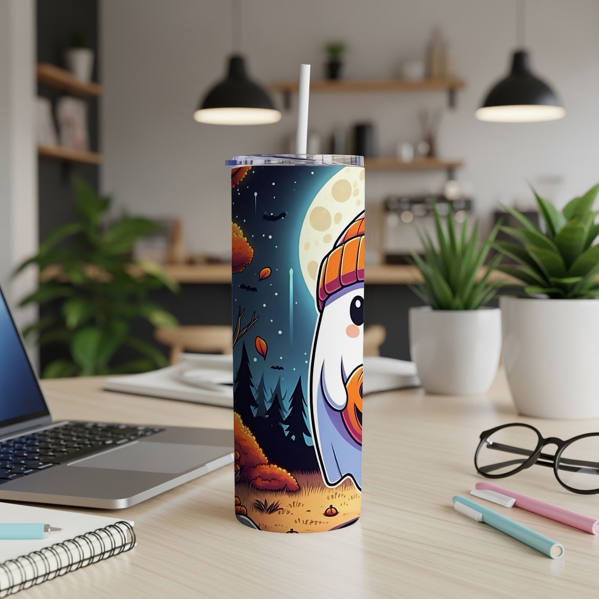 Tumbler with cartoon ghost holding pumpkin against a nighttime moonlit forest scene.