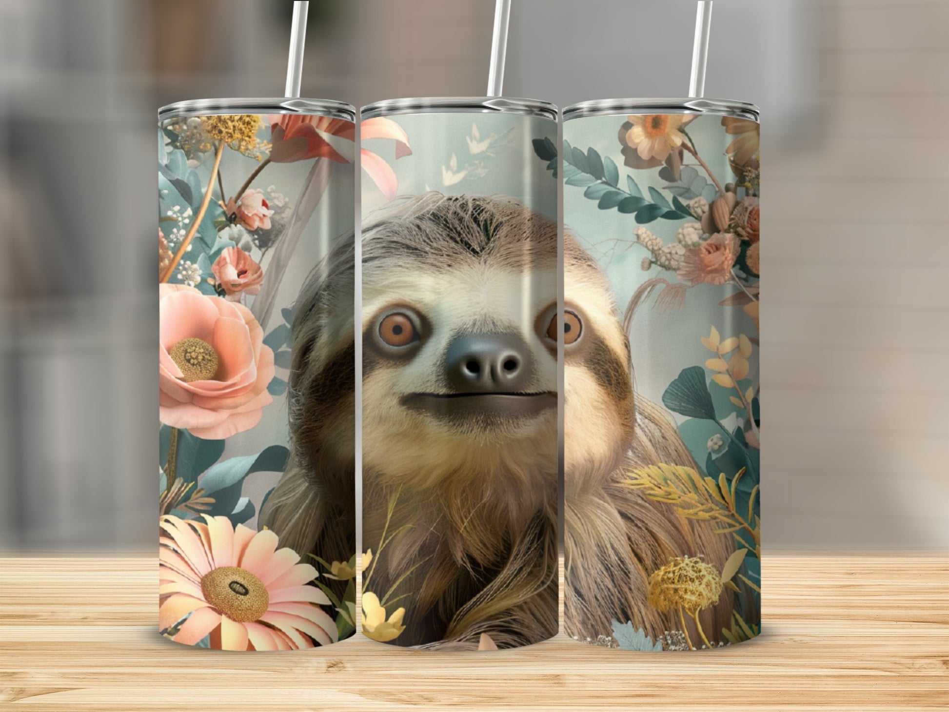 Sloth face and flowers on three tall tumblers with straws.
