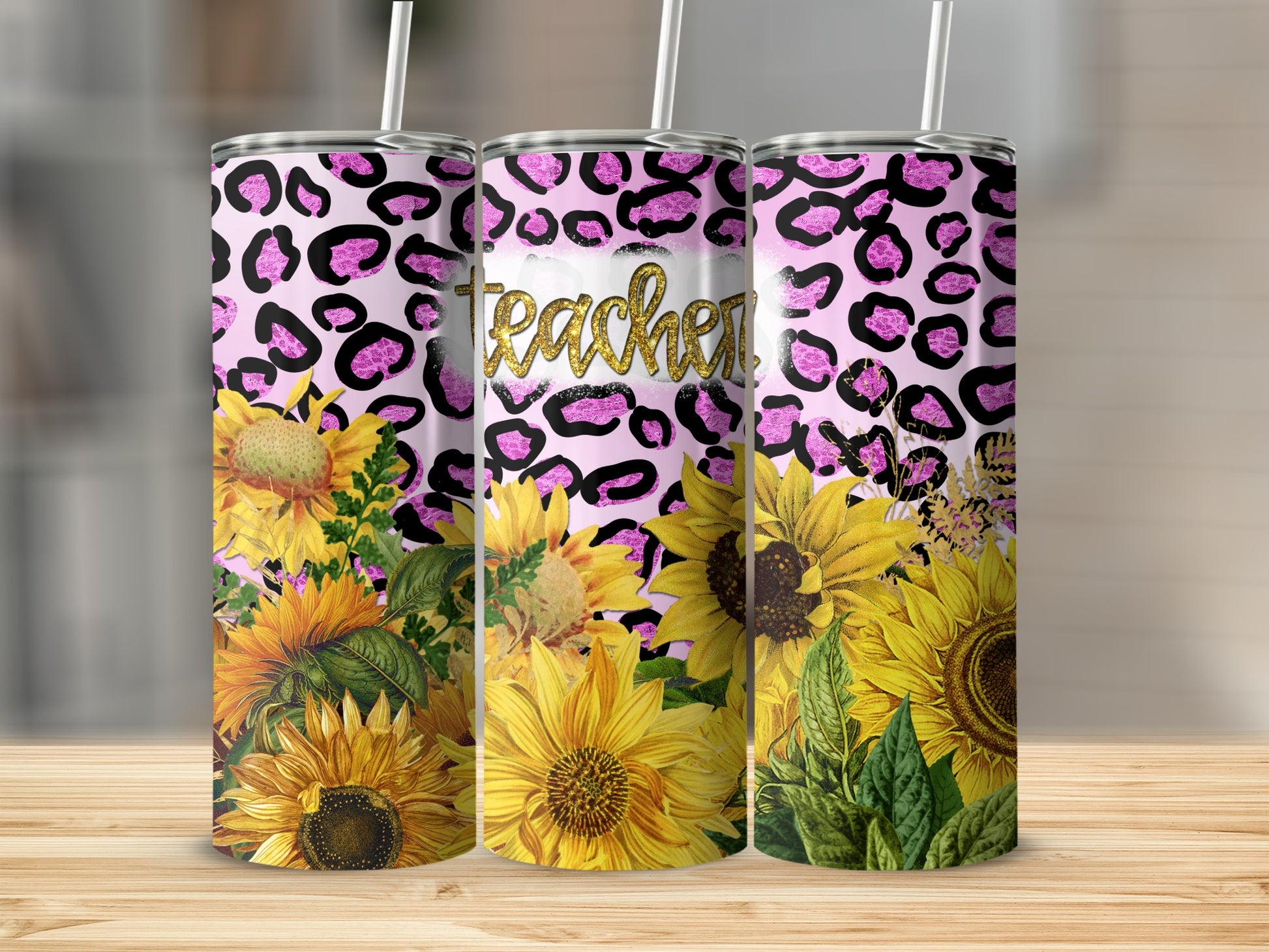 Sunflower and pink leopard print tumbler with "Teacher" text.