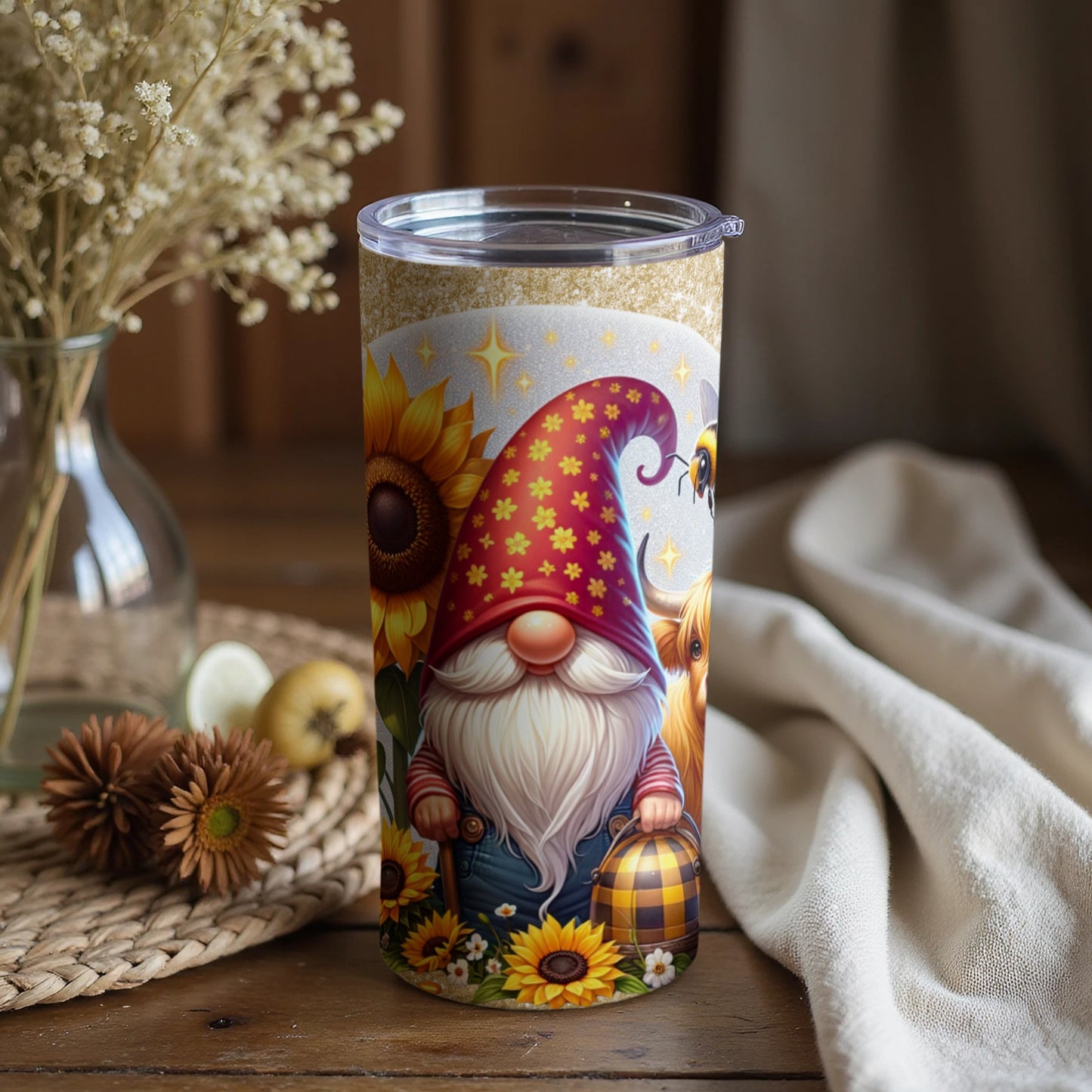 Festive Gnome with Sunflowers Insulated Tumbler Cup