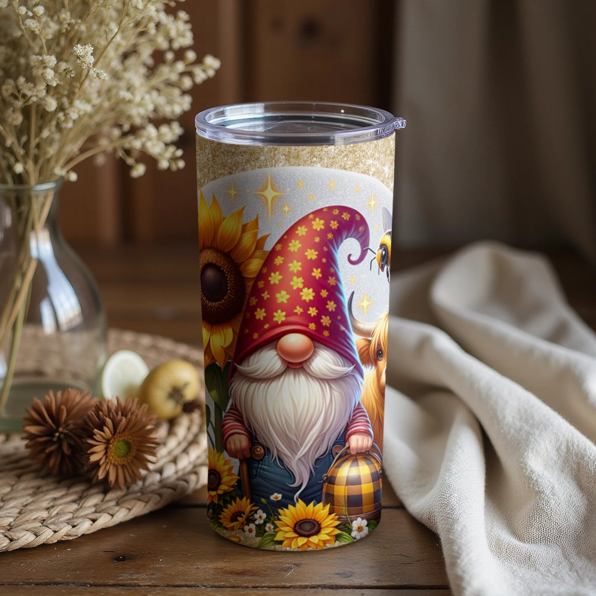 Festive Gnome with Sunflowers Insulated Tumbler Cup