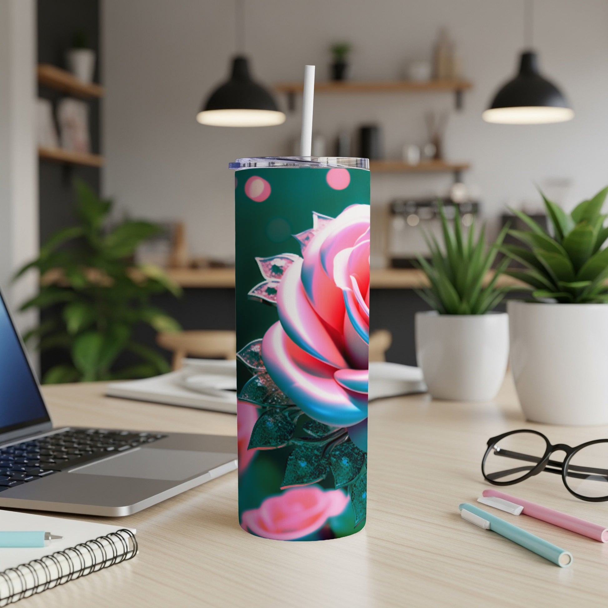 3D render of a tumbler with a metallic pink and blue rose design.