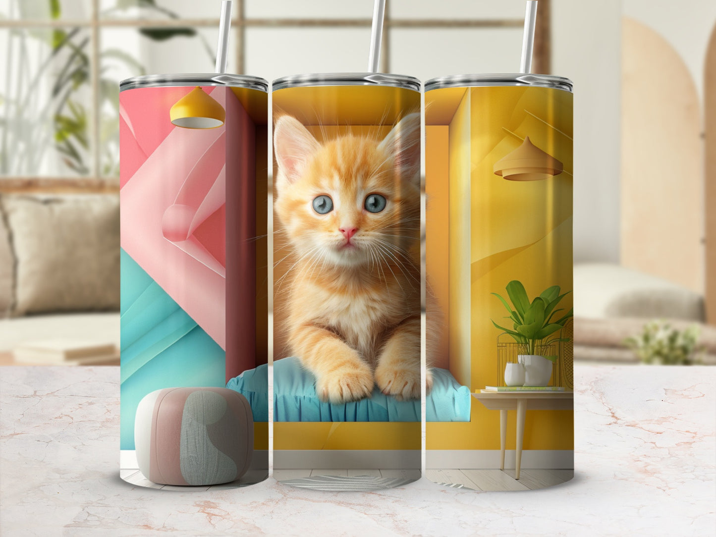 Orange kitten in a pink and blue, and yellow tumbler.
