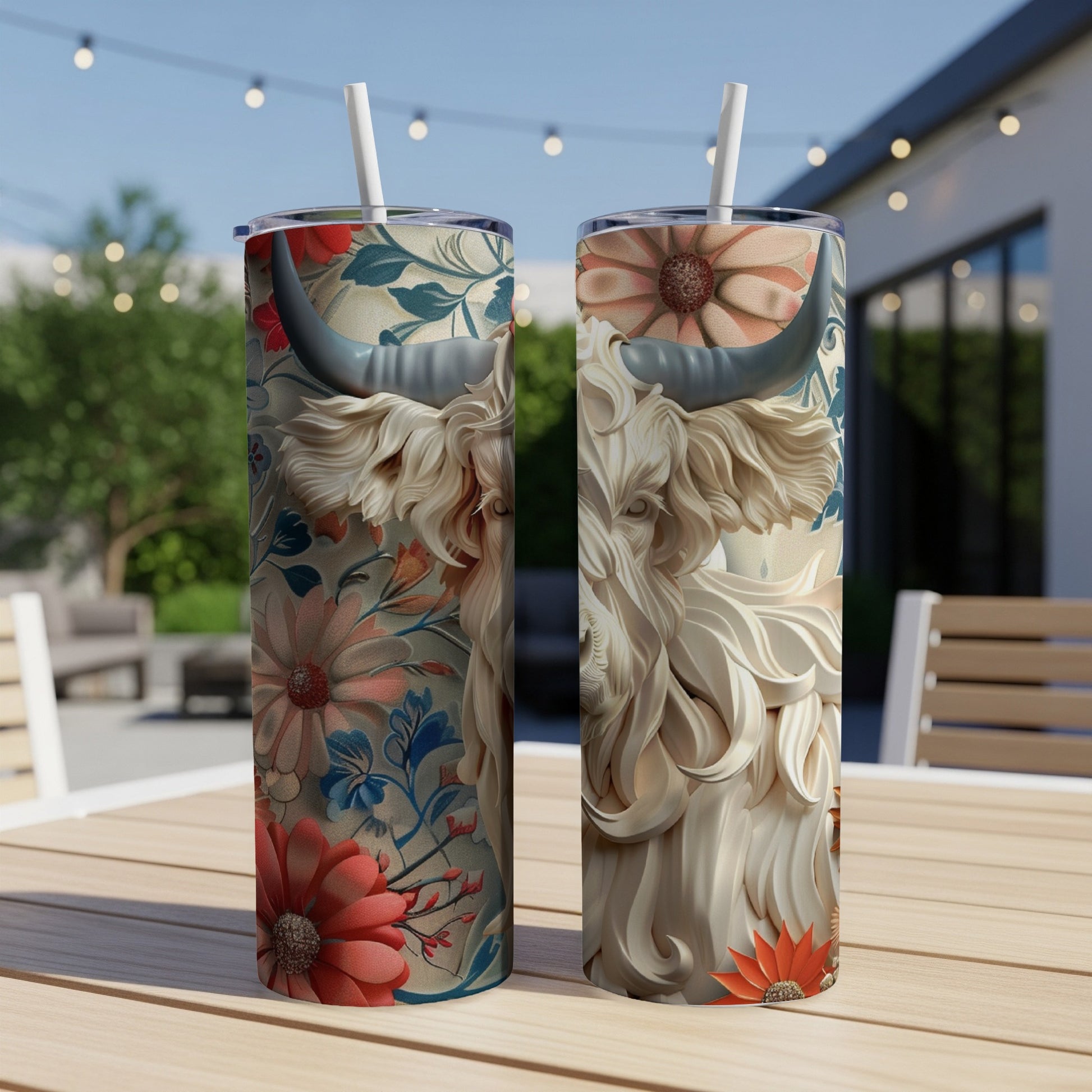 Two tumblers featuring a highland cow and floral pattern.
