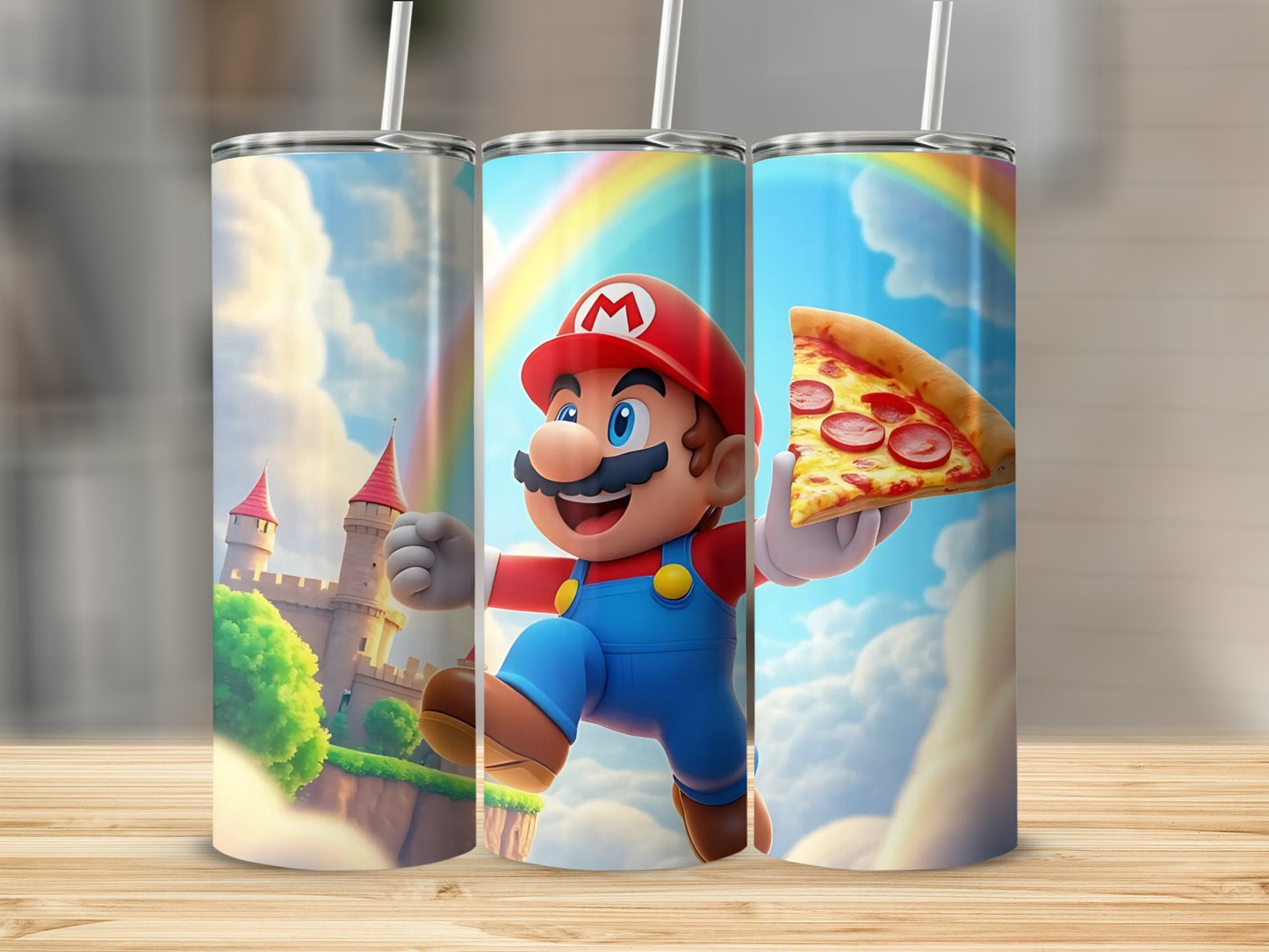 Mario Holding Pizza with Castle Background tumbler