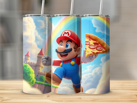Mario Holding Pizza with Castle Background tumbler