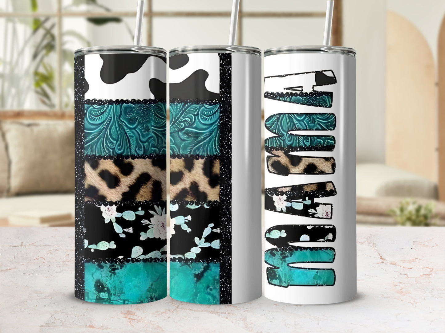 Mama tumbler with cow, leopard, floral, and turquoise patterns.