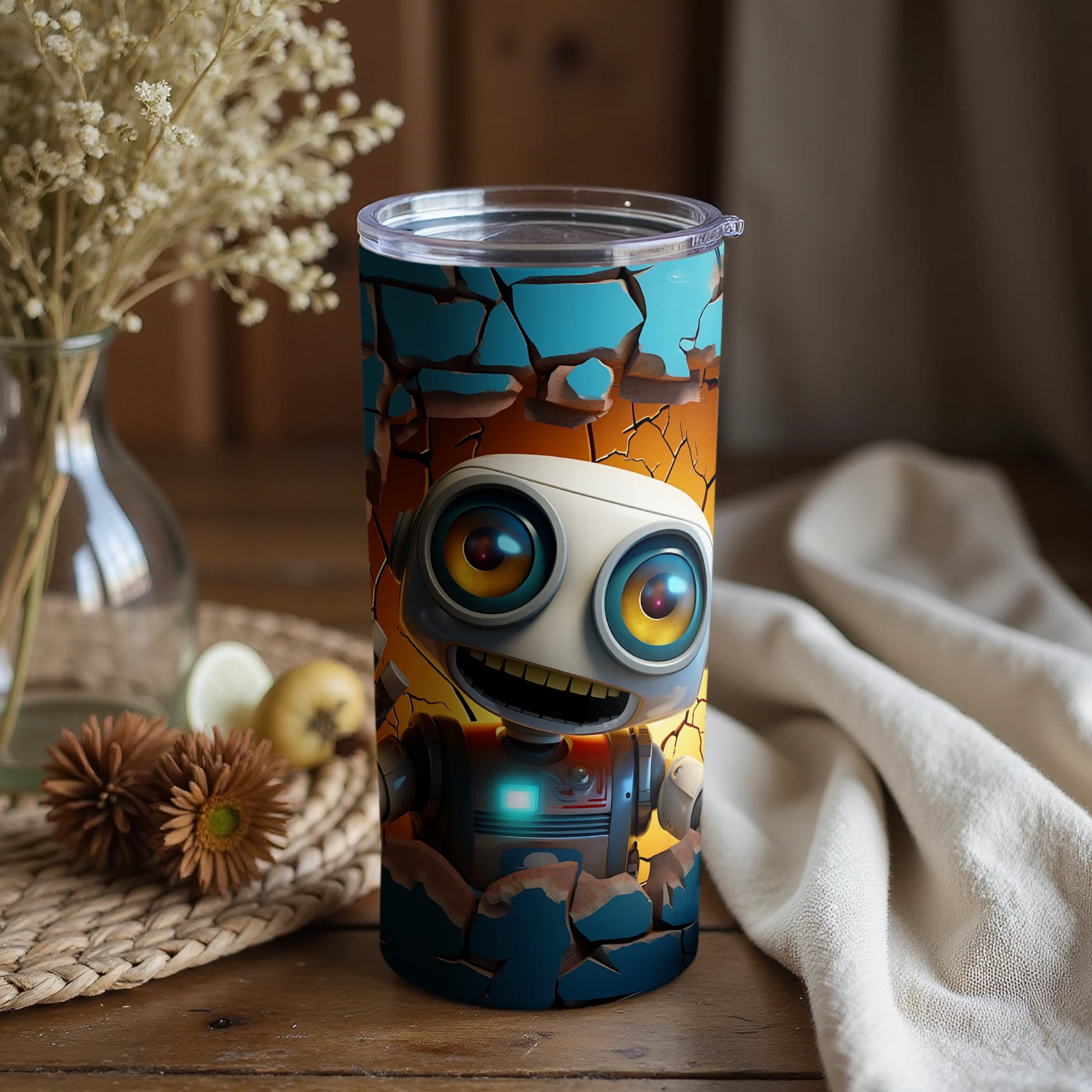 Cute Robot Breaking Through a Wall Tumbler Design